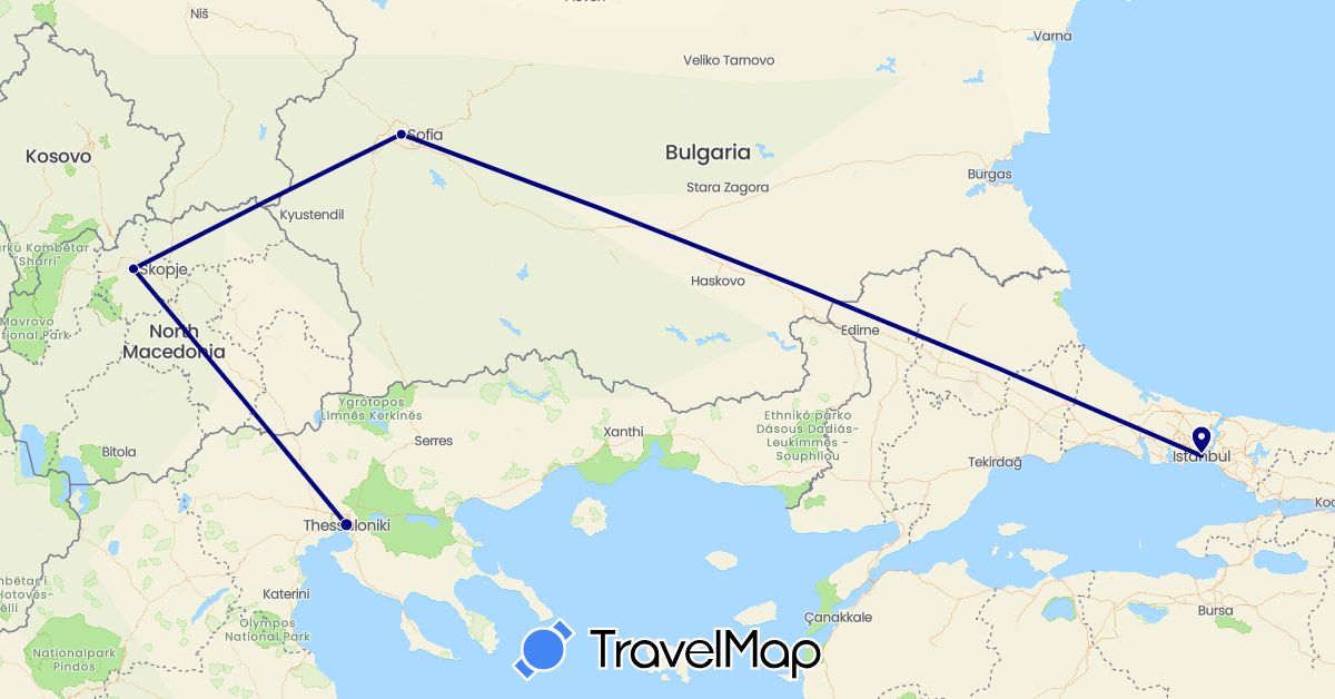 TravelMap itinerary: driving in Bulgaria, Greece, Macedonia, Turkey (Asia, Europe)